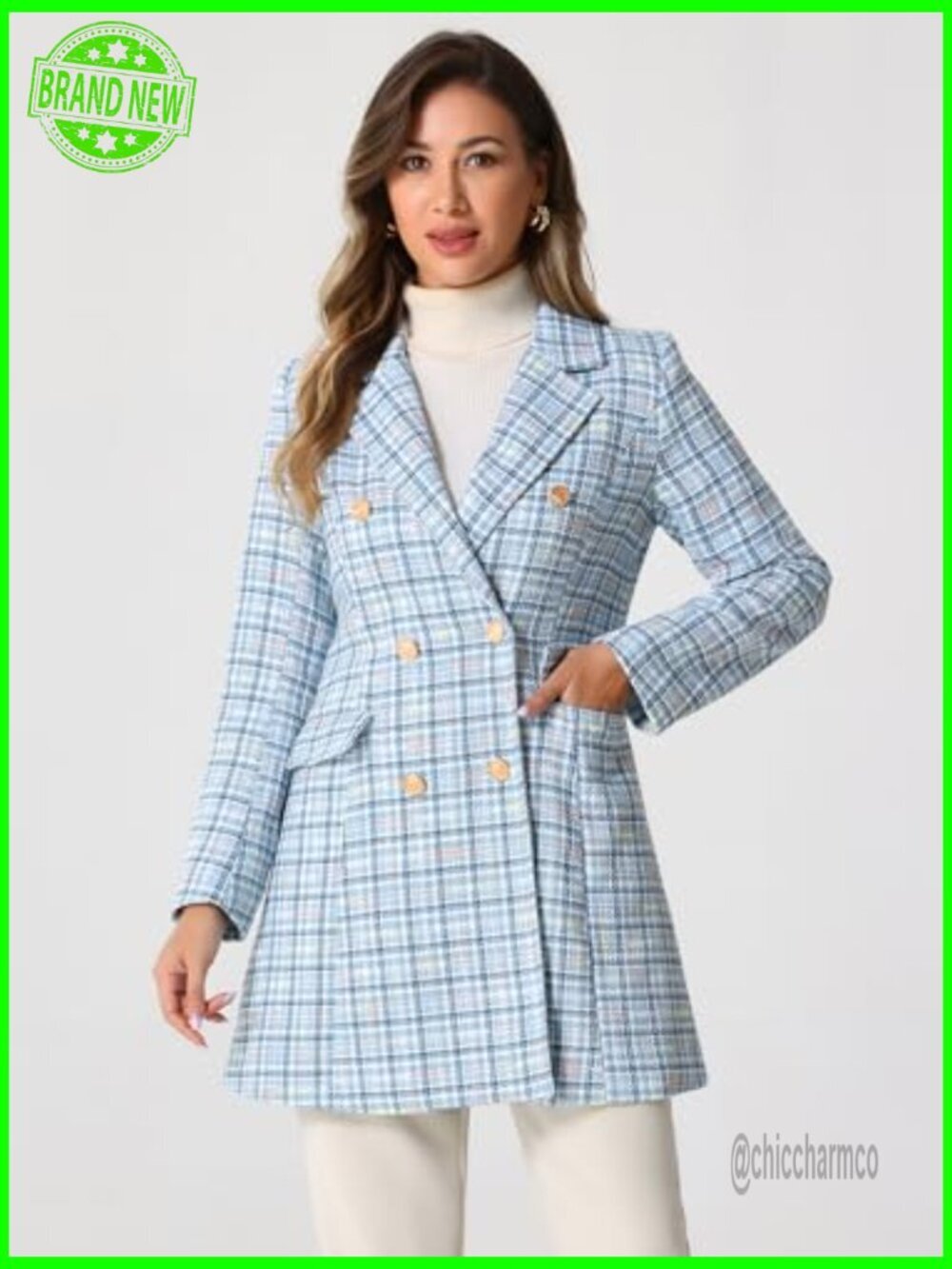 Double Breasted Tweed Blazer Plaid Notched Lapel Long Jacket - Picture 3 of 5